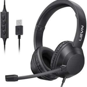 LEVN Headset with Mic, USB Headset with Microphone for PC, Headphones with Mic for Pc with Noise Canceling Microphone for Laptop, USB Headphones for Work from Home/Call Center/Open Office, Black
