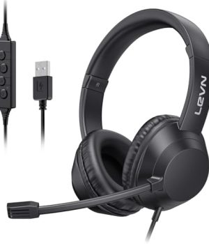 LEVN Headset with Mic, USB Headset with Microphone for PC, Headphones with Mic for Pc with Noise Canceling Microphone for Laptop, USB Headphones for Work from Home/Call Center/Open Office, Black