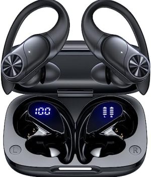PocBuds Bluetooth Headphones Wireless Earbuds 80hrs Playtime Wireless Charging Case Digital Display Sports Ear Buds with Earhook Deep Bass IPX7 Waterproof Over-Ear Earphones for TV Phone Laptop Black